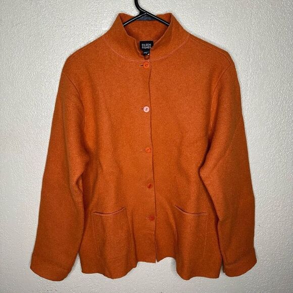 Eileen Fisher 100% Boiled Wool Button Up Felt Orange Jacket Blazer Coat Size Sma - Picture 2 of 4